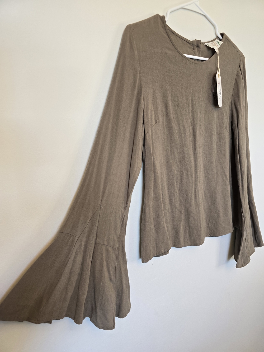 Love Riche Olive Green Bell Sleeve Linen Blend Blouse